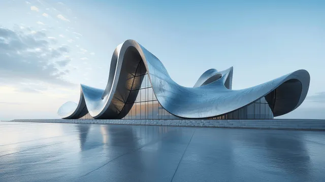 Minimalist futuristic concert hall exterior in Baku with a gradient silver metal shell and reflective concrete waterfront floor.