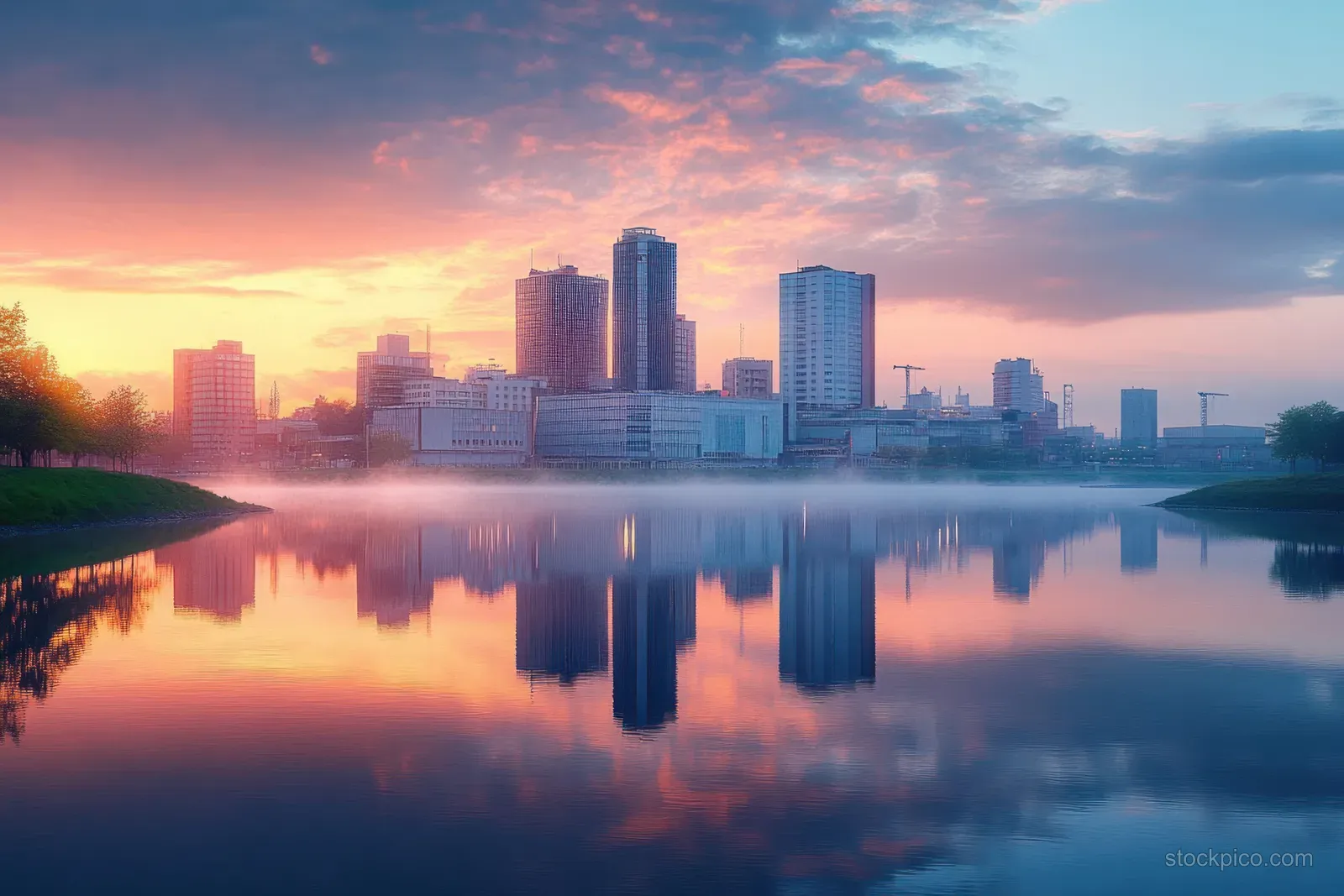 Rochester skyline reflected on the Zumbro River at sunset with pastel clouds and glowing high-rises.
