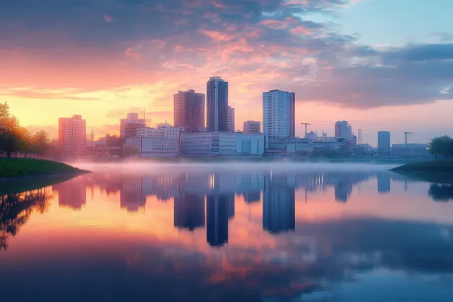 Rochester Minnesota skyline over Zumbro River at sunset, mirrored city lights and pastel sky