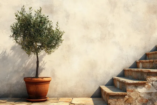 Small potted olive tree beside rustic stone stairs against a textured beige wall with leaf shadows in soft sunlight.