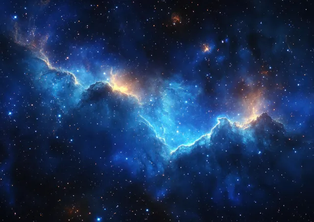 Blue and golden nebula glows amid countless stars in deep space with swirling stardust clouds.