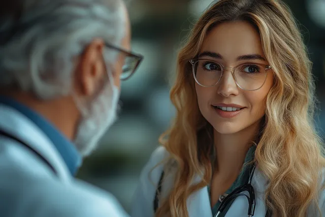 Pediatric doctor with stethoscope speaks with a child in a softly lit clinic office.