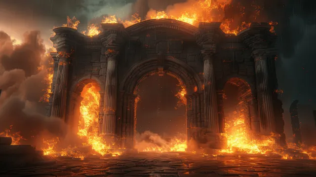 A medieval stone dungeon entrance burns with blazing arches and billowing smoke in a dark courtyard.