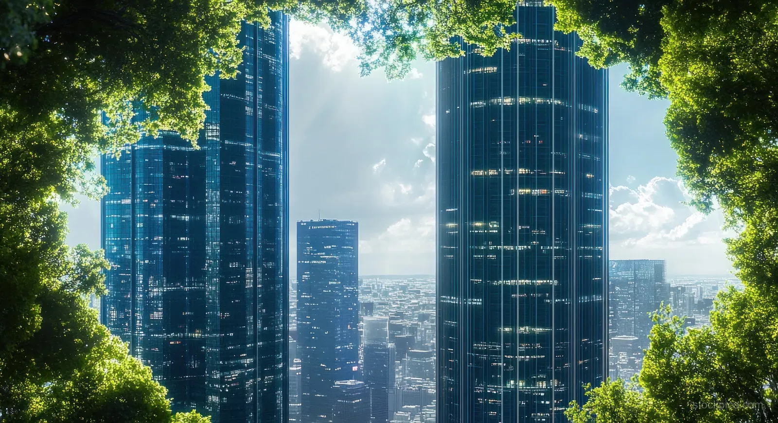 Glass skyscrapers visible through green tree leaves with bright sky and clouds behind them.