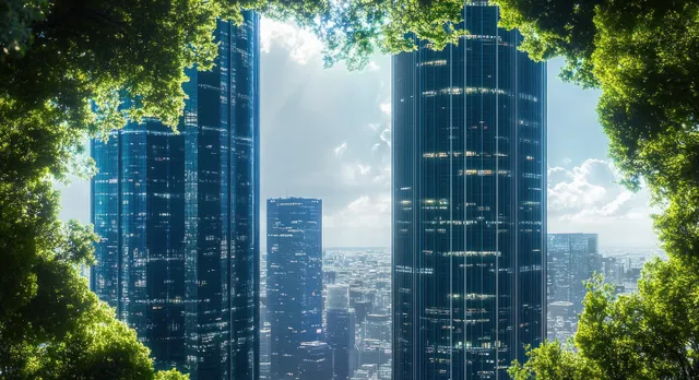 Glass skyscrapers rise behind a leafy green canopy under bright blue clouds