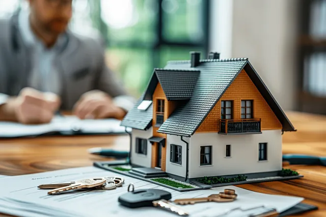 Real estate agent signs home purchase paperwork while miniature house and keys sit nearby