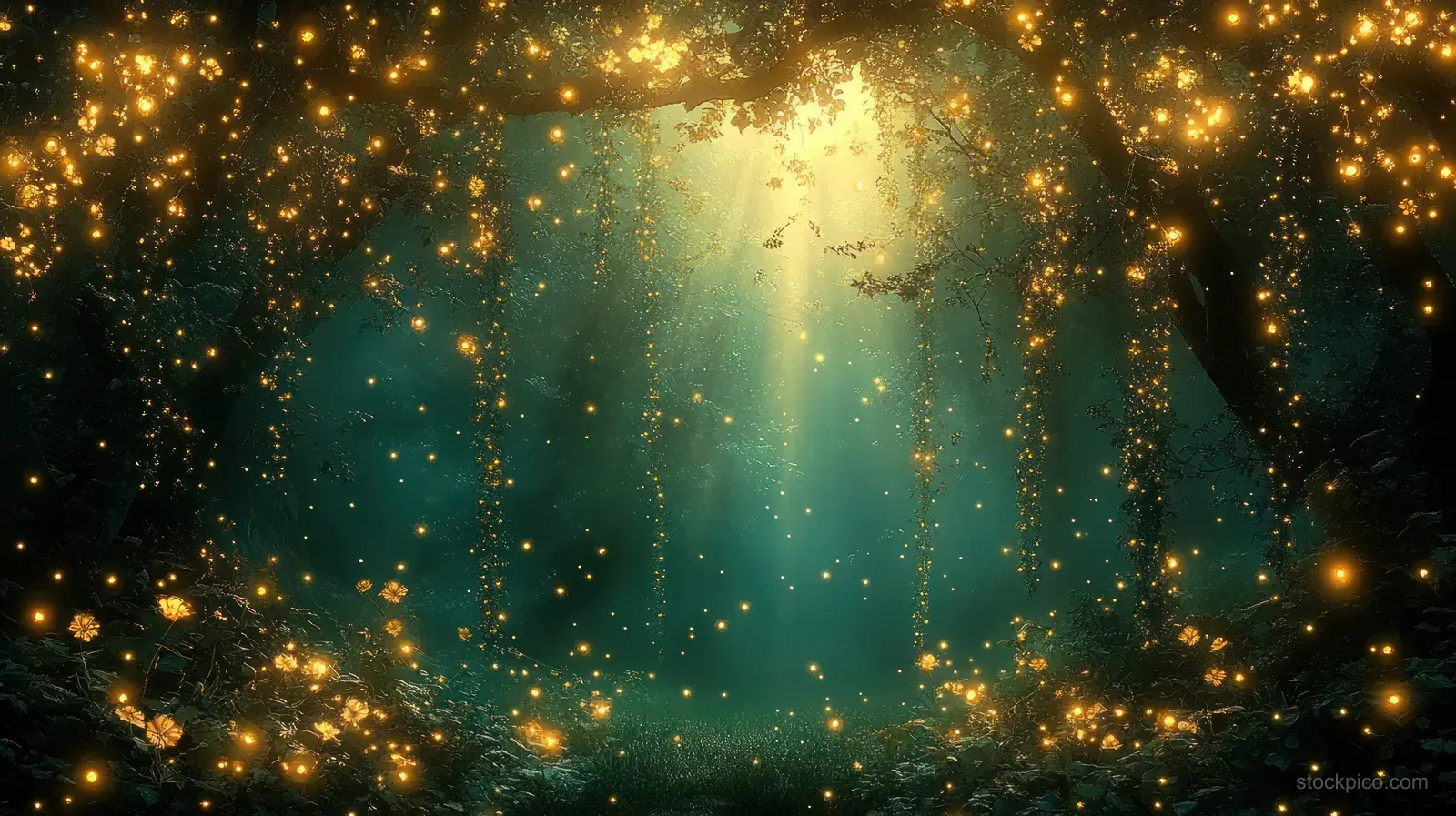 Golden glowing lights and sunlight beams illuminate a misty forest clearing between dark trees.