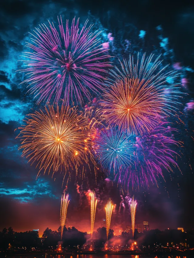 Fireworks explode in blue, pink, and orange over a dark night skyline with bright reflections near the water.