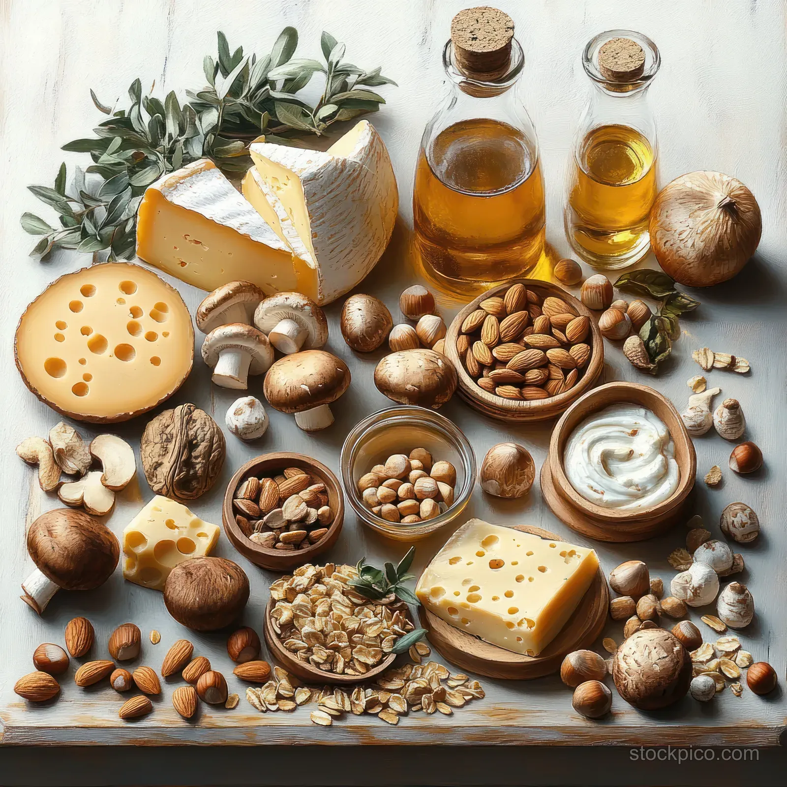 Cheeses, nuts, mushrooms, oat flakes, and bottles of oil arranged on a light wooden tabletop.