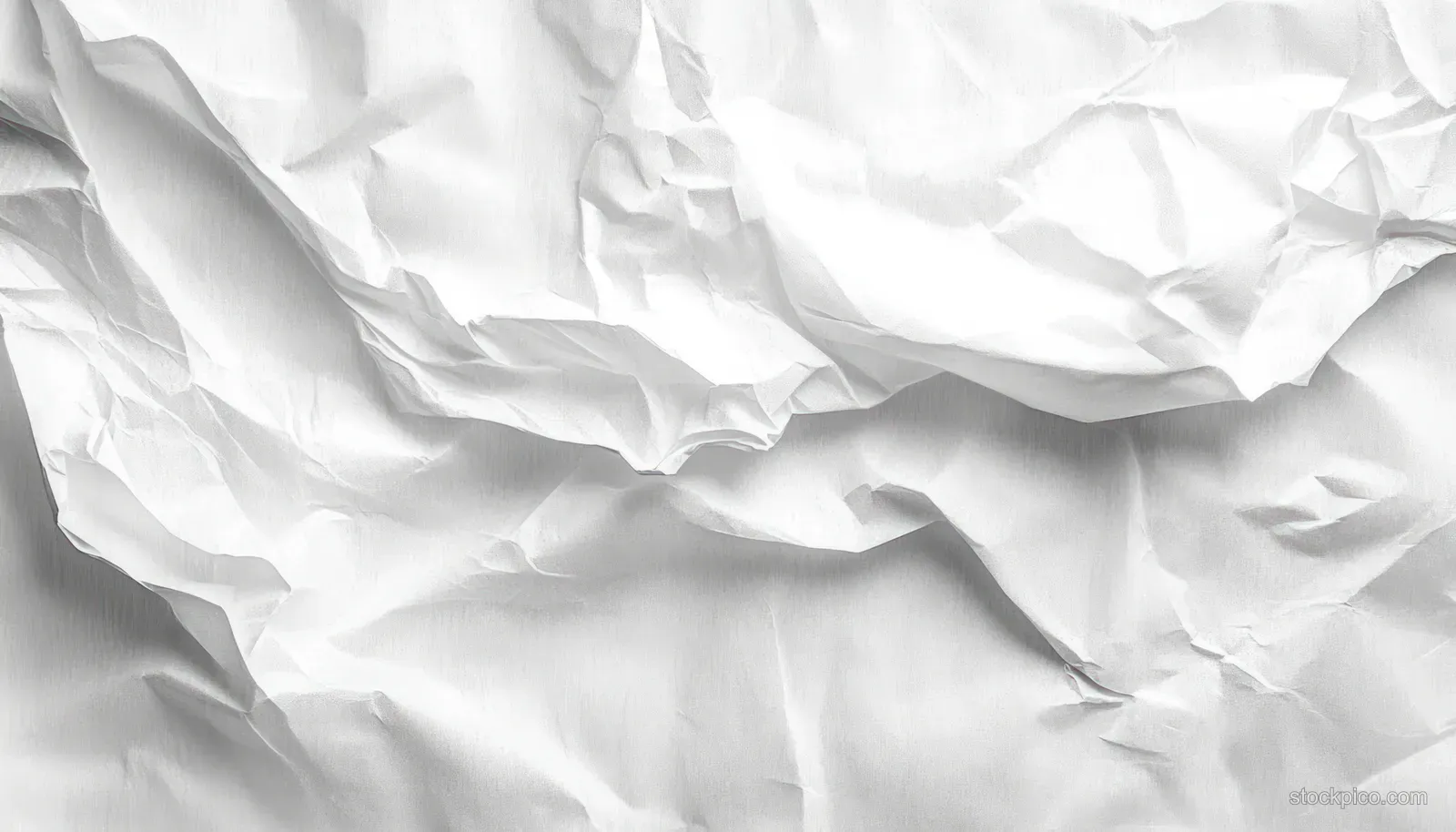 Crumpled white paper sheet fills the frame with wrinkled creases and soft shadows.