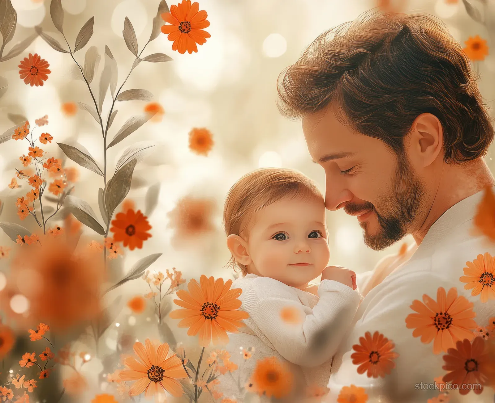 A smiling father cradles a swaddled newborn baby beside orange flowers in a soft pastel background.