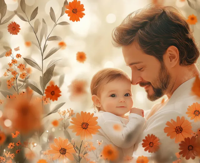 Father cradles swaddled newborn baby, smiling in warm floral, soft pastel scene