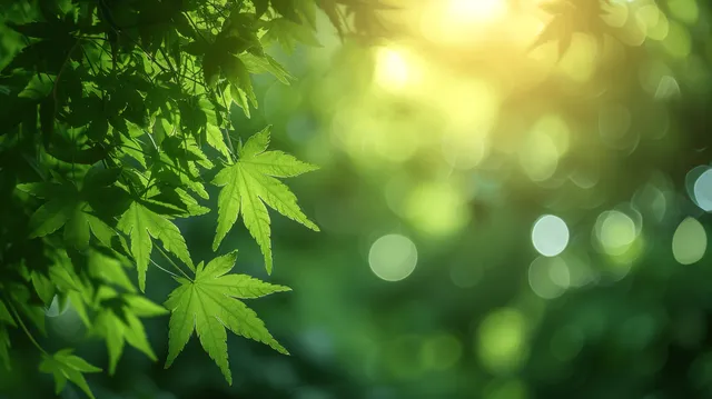 Japanese maple leaves glow with spring sunlight while the forest background fades into soft bokeh circles.