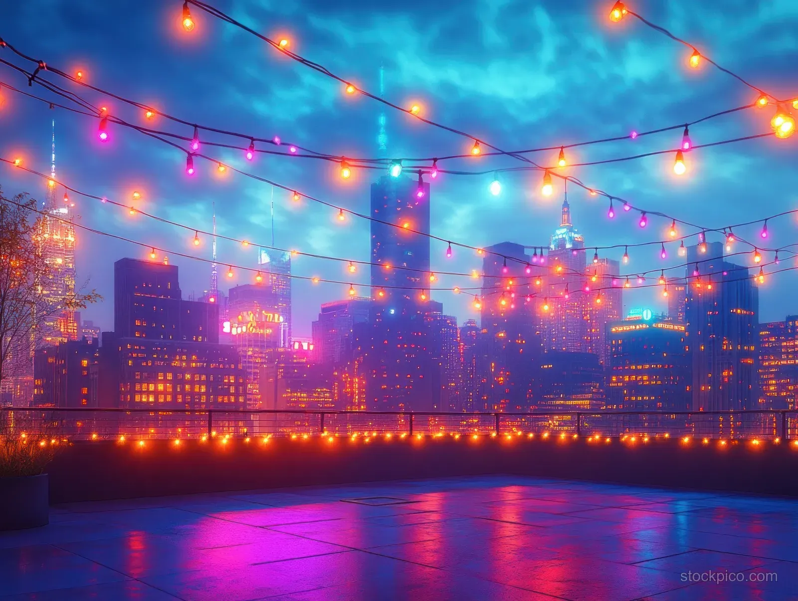 Warm string lights hang across a rooftop patio as a vibrant city skyline glows under a dramatic blue evening sky.