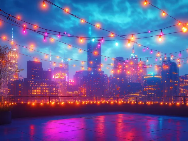 Rooftop patio string lights glow over city skyline on a dramatic blue evening