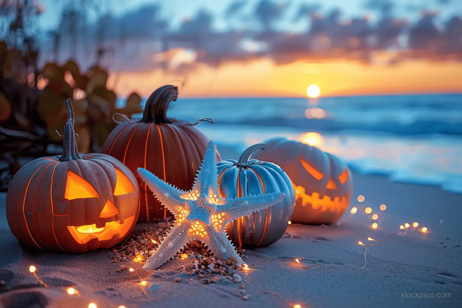 Carved glowing Halloween pumpkins rest on a sandy beach near starfish and seashells during sunset twilight.