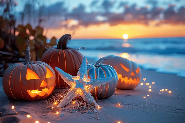 Glowing Halloween pumpkins on a sandy beach at sunset with starfish and seashells with Warm Versus Cool Tones