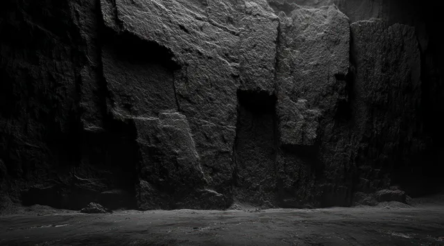 A dark rocky cliff wall with rough stone texture and softly lit cave shadows along an uneven floor.