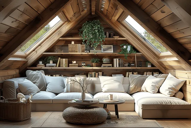 Attic living room with white sofa and coffee table under skylit wooden gables
