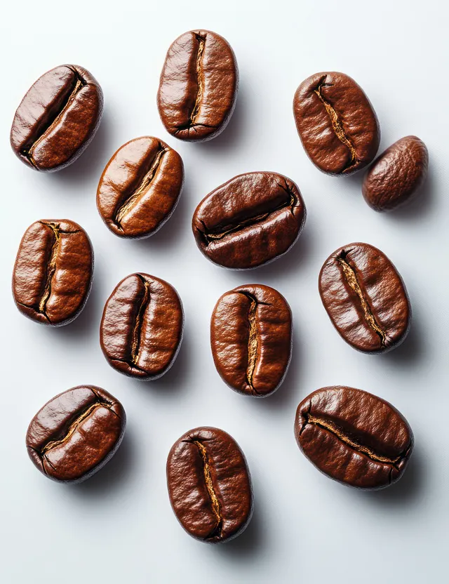 Roasted coffee beans falling in midair above a clean white studio background