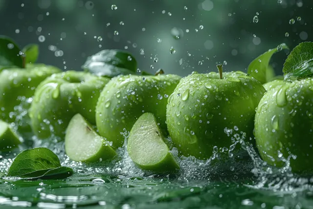 Green apples with water splash, whole and sliced, on vivid green background with Green Color Palette