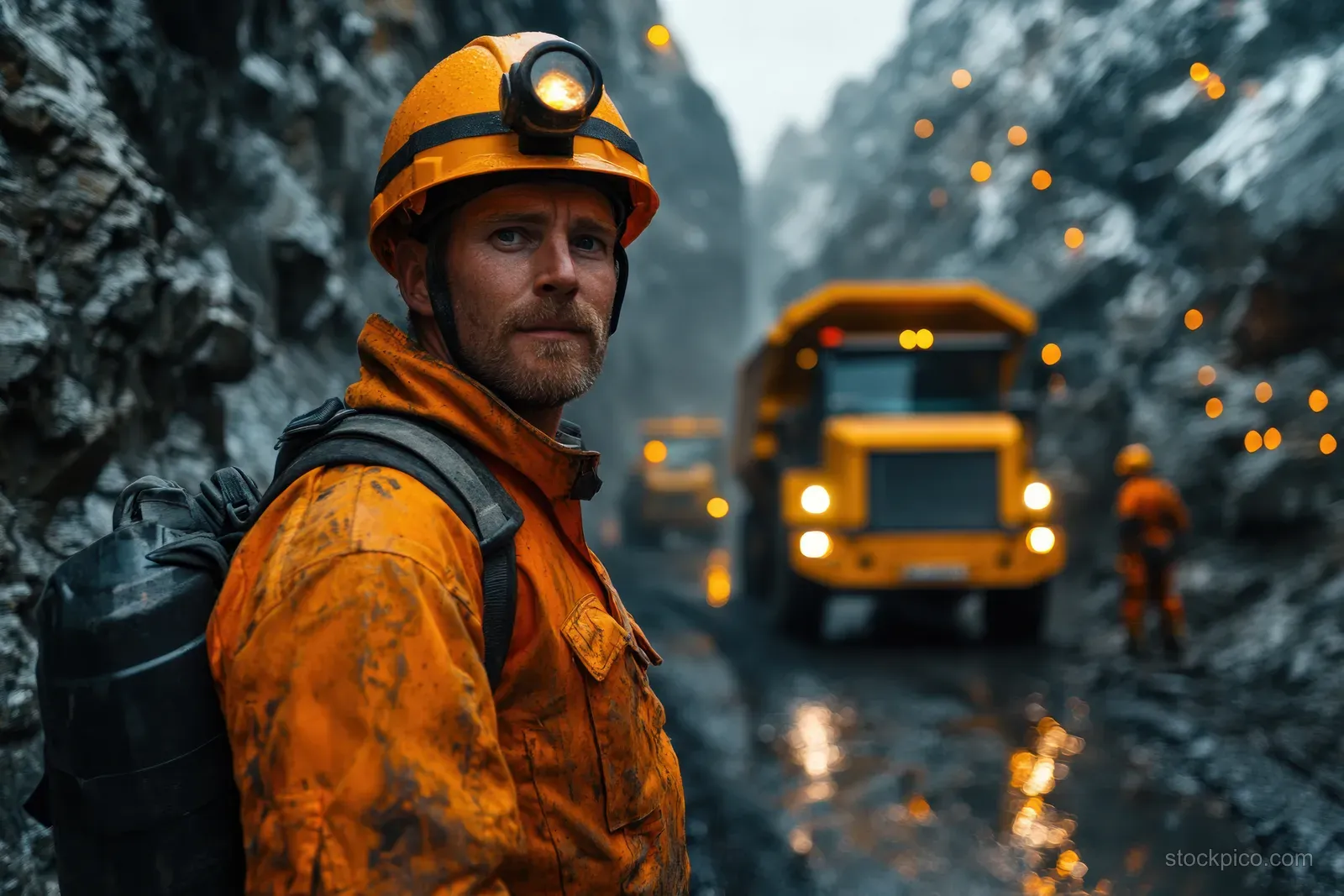 A miner in an orange safety suit oversees a large dump truck driving through a smoky coal quarry with rocky walls.