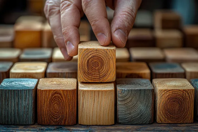 A hand stacks a central wooden block to build a step-ladder of blocks on a table.