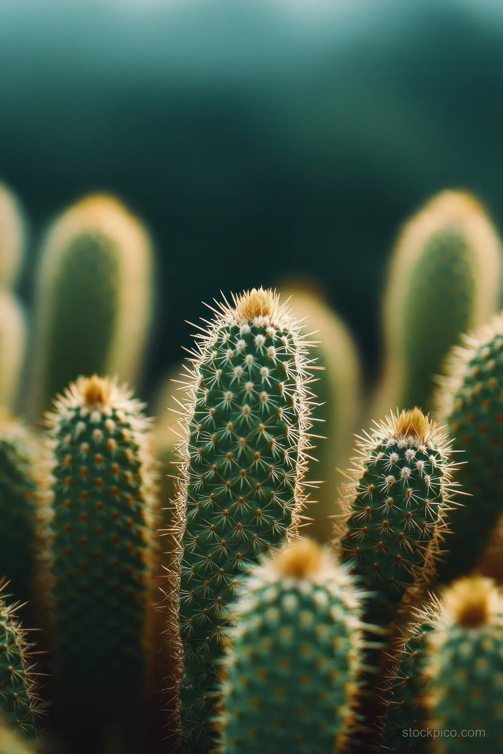 Several green cacti with spines and yellow tops stand in soft natural light.