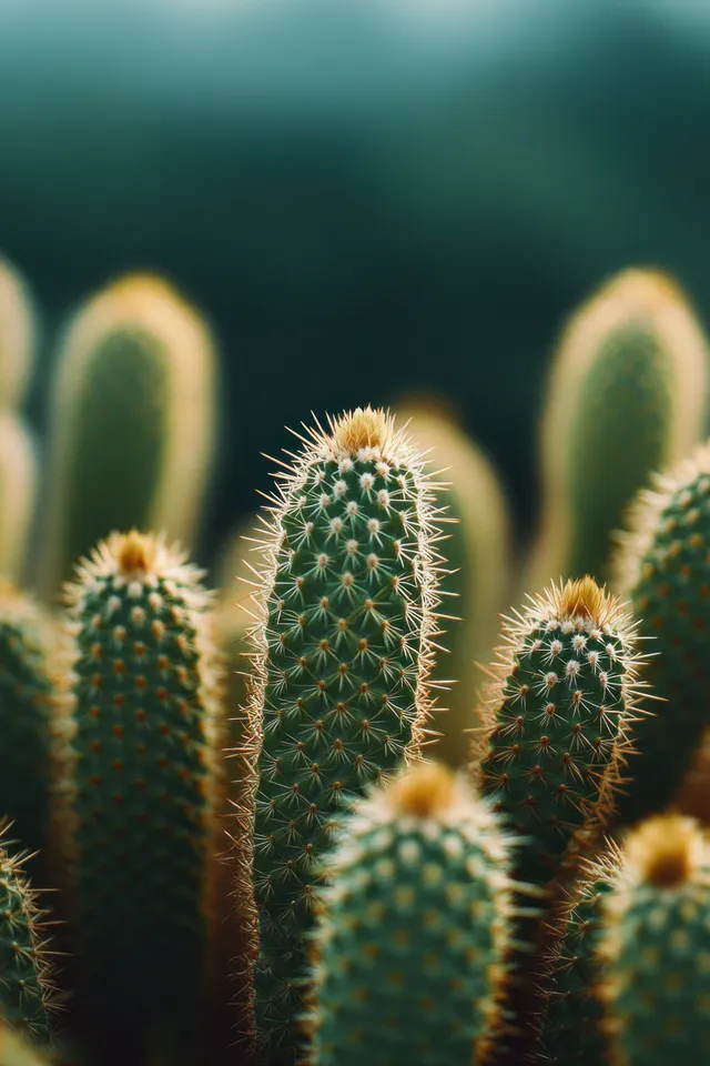 Cluster of green cacti with yellow tops in soft natural light