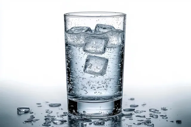 A clear glass of sparkling water with ice cubes and scattered ice pieces on a reflective surface, showing bubbles and condensation.