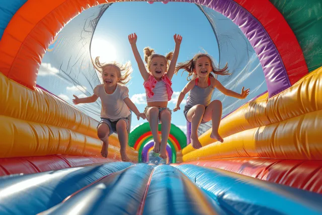 Kids jump and laugh inside a colorful inflatable bounce house with a sunlit arch tunnel behind them.