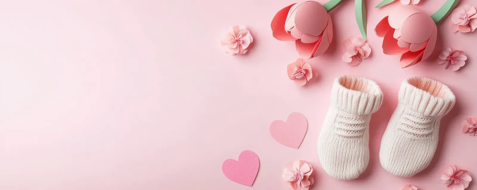 Two baby booties surrounded by paper flowers and heart cutouts on a pastel pink background.