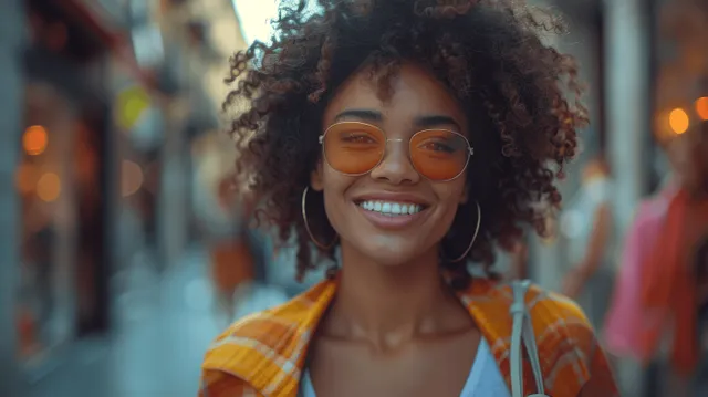 Smiling woman with an afro and sunglasses walks downtown holding shopping bags along a softly lit street.
