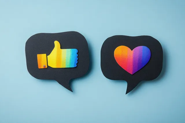 Rainbow thumbs up and heart icons inside speech bubbles on blue background