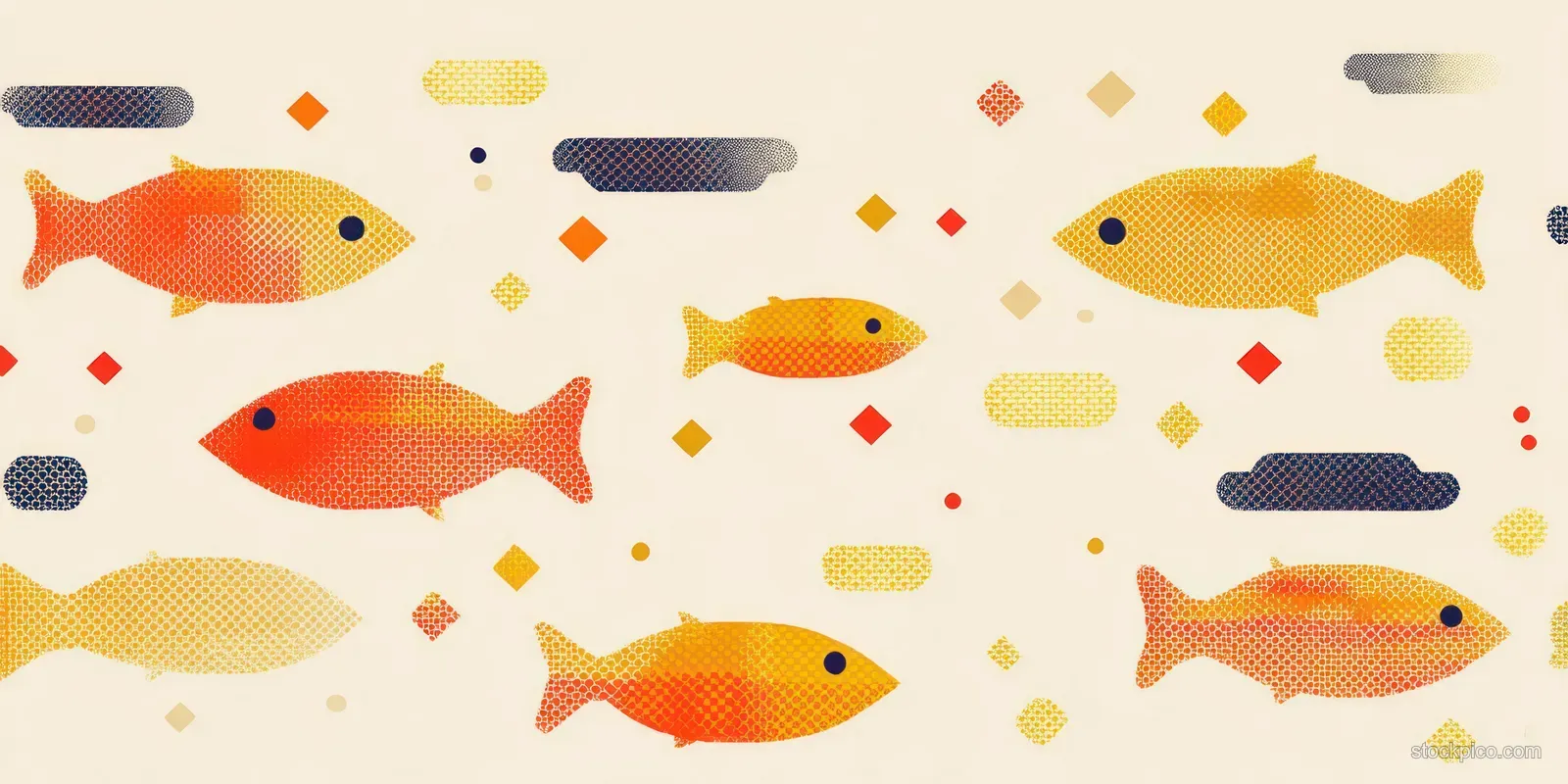 Minimalist orange and yellow fish shapes repeat over a light cream background with scattered geometric dots and bubbles.