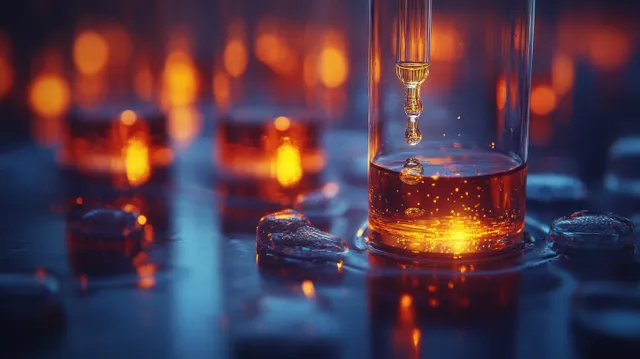 Amber liquid droplet falls from a dropper into a test tube with blurred glassware reflections under blue lighting.