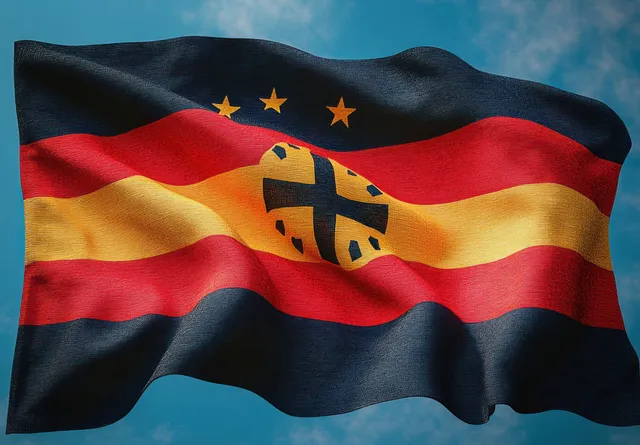 Waving flag with black-red-yellow stripes, orange circle emblem and stars against blue sky