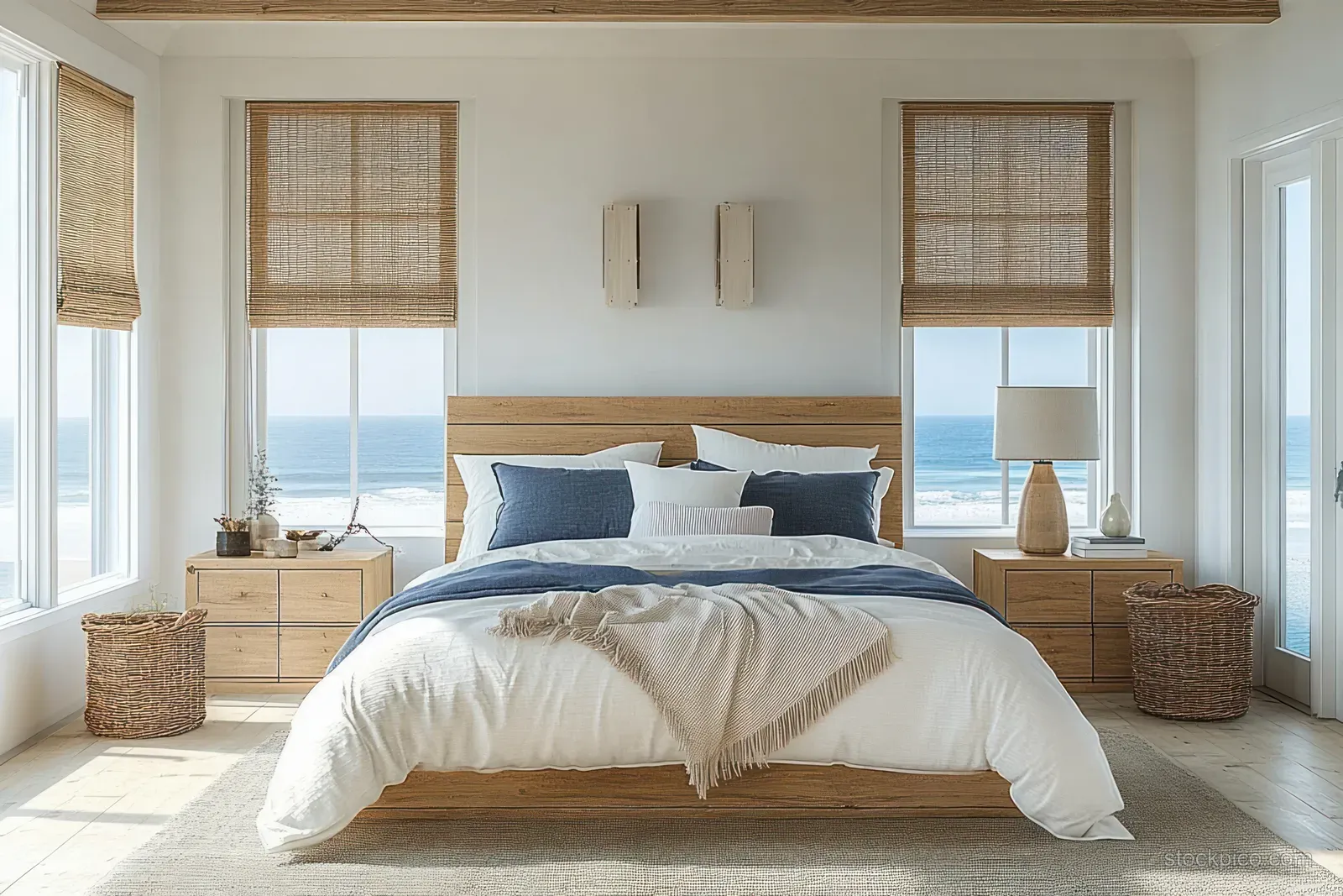 Wooden bed with white linen in a coastal bedroom, ocean view visible through large windows.