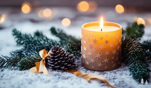 A burning candle sits on snowy evergreen branches with a pine cone nearby and warm bokeh lights behind it.