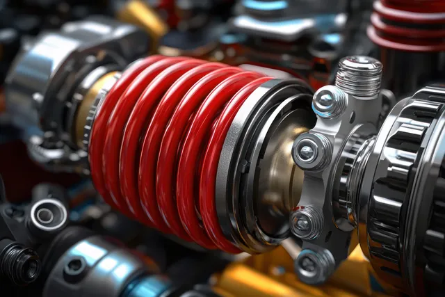 Red coil spring attached to a shiny bolted metal mechanism with surrounding gear components.