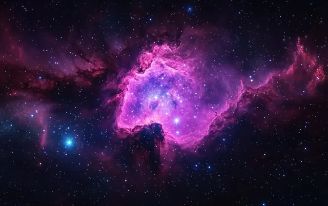 Purple and pink nebula surrounded by many stars and glowing interstellar gas clouds in deep space.