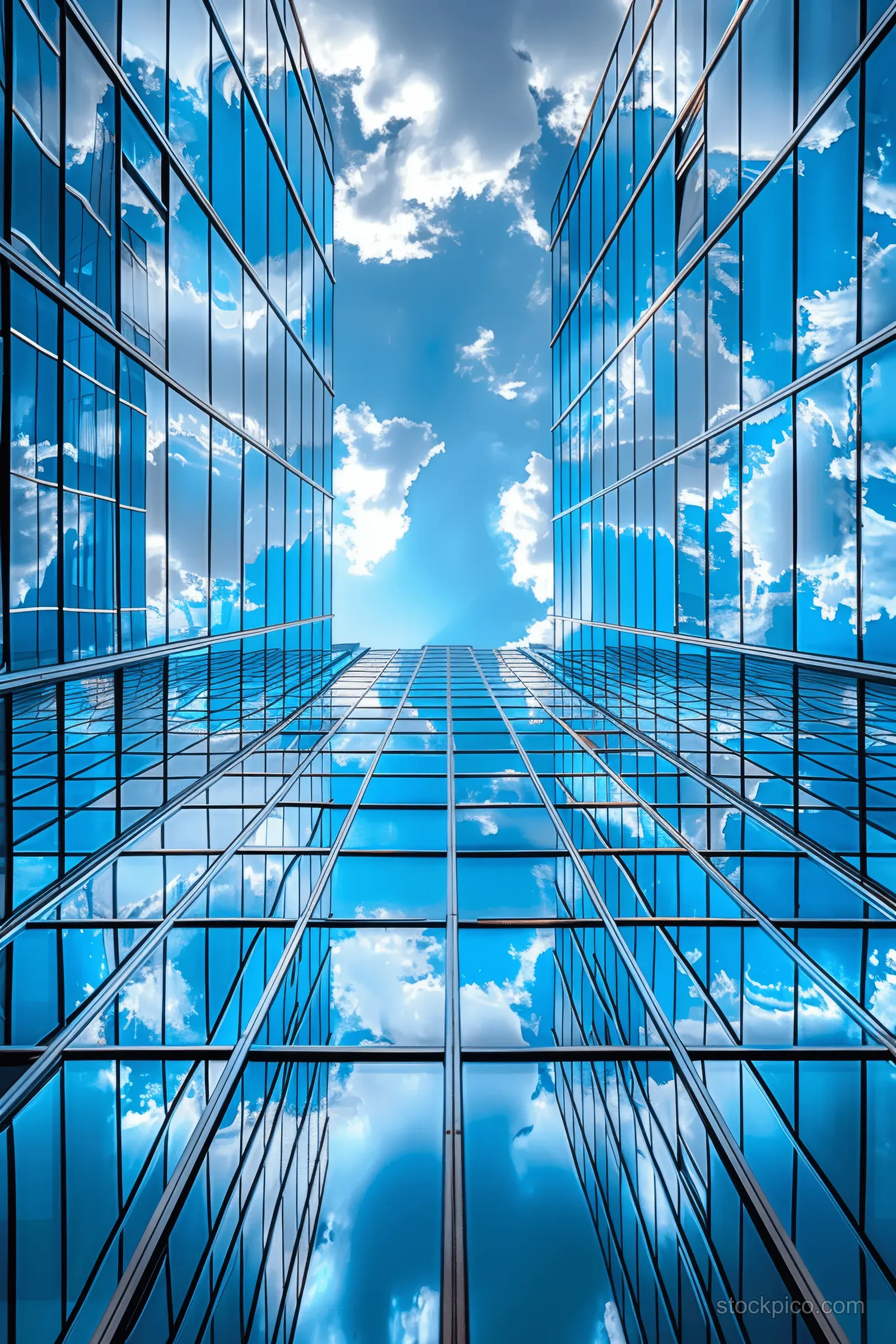 Upside-down view between reflective glass office buildings showing blue sky, white clouds, and window reflections.
