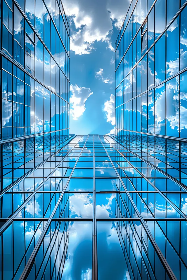 Upside-down view between reflective glass office buildings showing blue sky, white clouds, and window reflections.