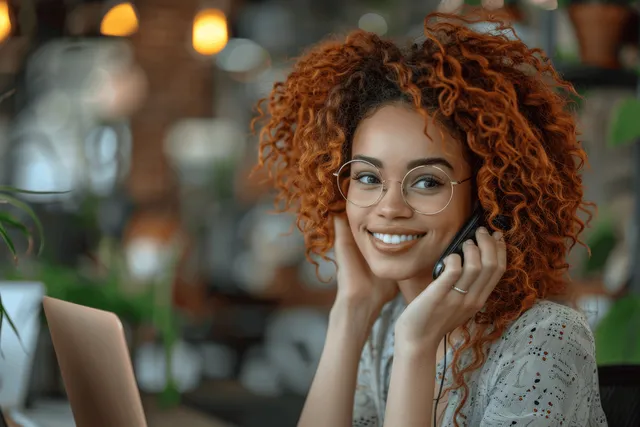 Smiling middle-aged businesswoman on phone using laptop at office desk with warm bokeh lights with Customer Or Client Calls
