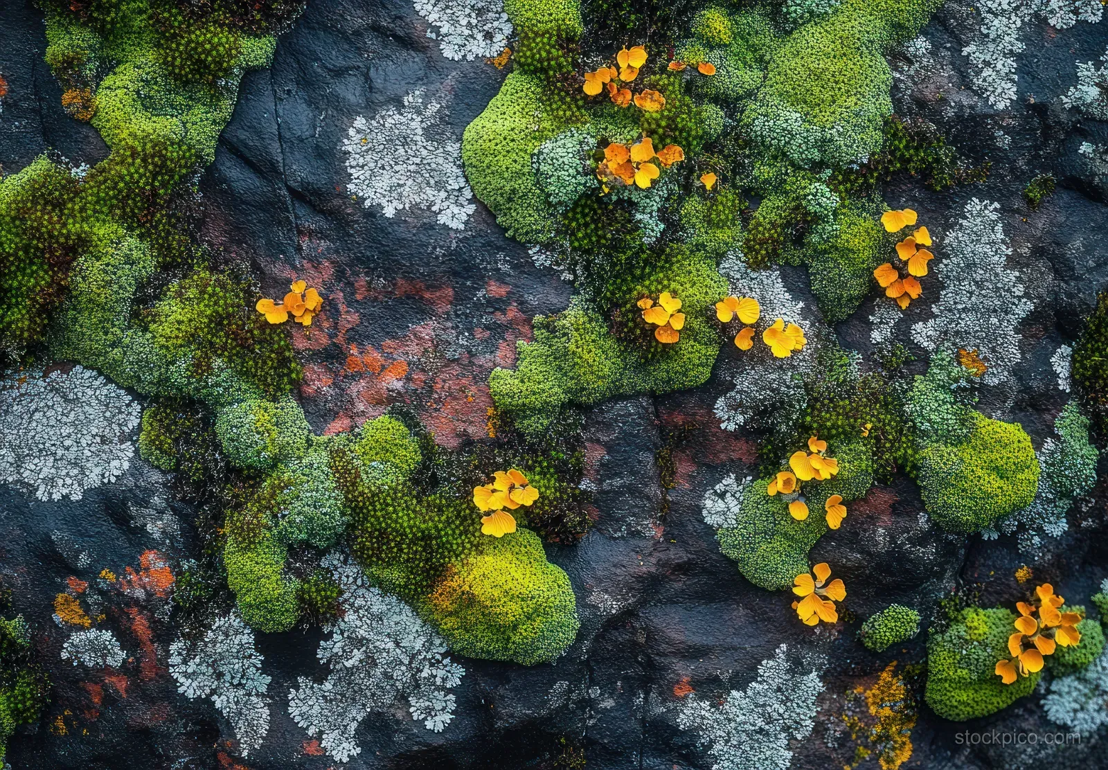 Moss and lichen grow across a dark rocky surface with small yellow flower clusters scattered between textures.