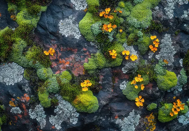 Close-up moss and lichen on dark rock with scattered vivid yellow flower clusters