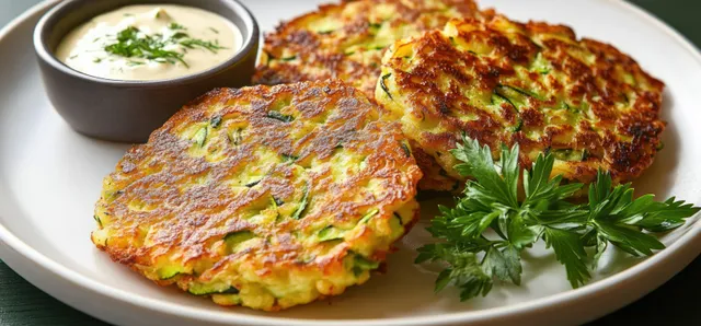 Three crispy golden zucchini fritters on a white plate with a cup of creamy dipping sauce and parsley garnish.
