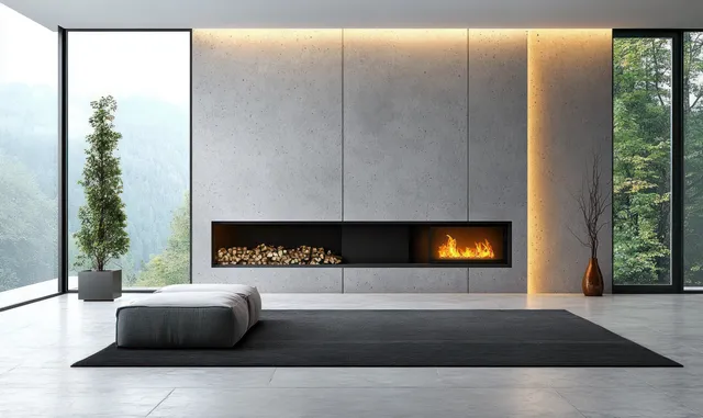 Minimalist living room with a wall-mounted fireplace in a concrete wall, warm flames, and large windows.