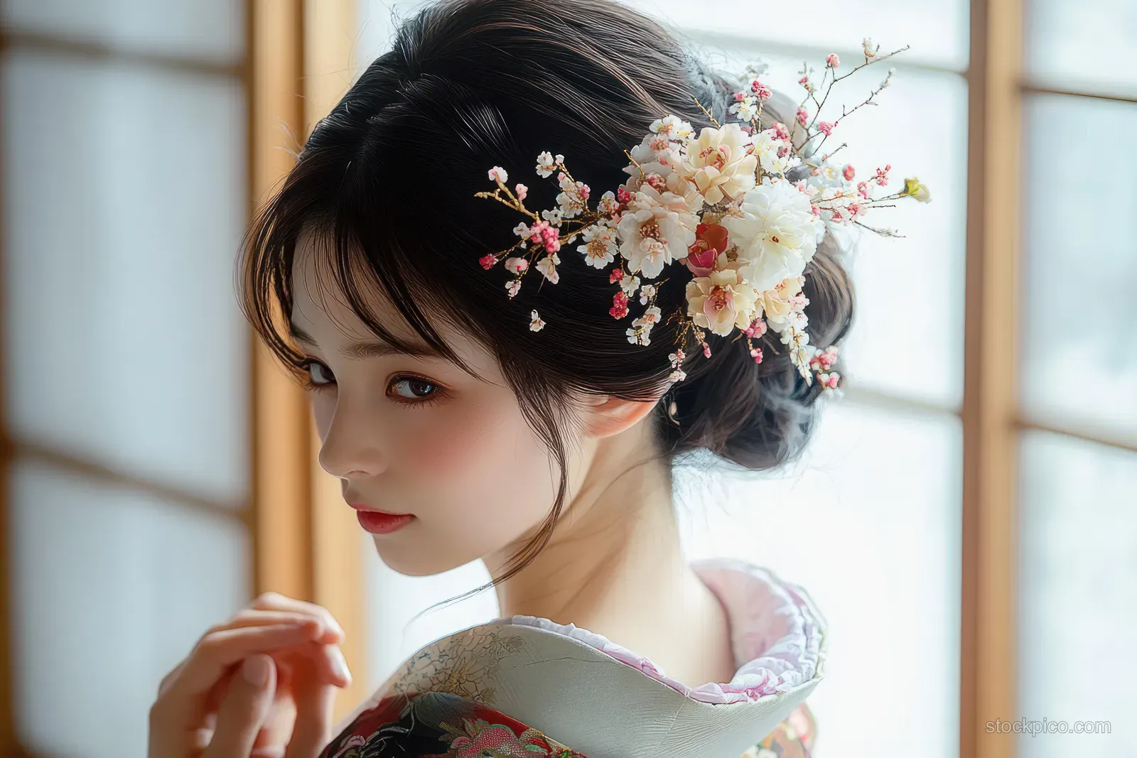 Woman in a furisode kimono indoors adjusting her hair with a delicate floral ornament in an airy portrait setting.