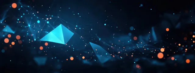 Futuristic blue geometric network of glowing polygons with data-like light particles